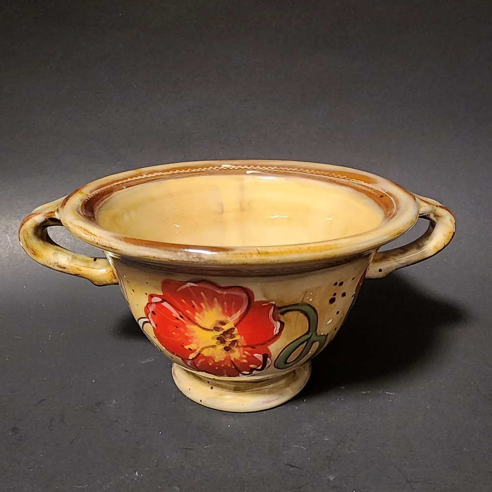 AMBIANCE FIELDS OF PROVENCE HANDLED FOOTED DESSERT BOWL 18 oz RED POPPIES